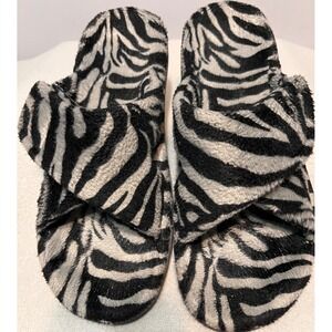 Vionic Relax Zebra Print Plush Cross Strap Slippers Black Grey Arch Support Sz 8